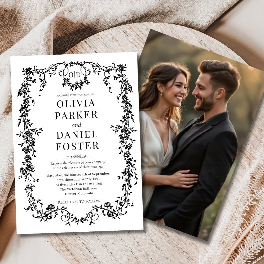 Zwart Wit Foto Bloemen Victoriaans Franse bruiloft Kaart