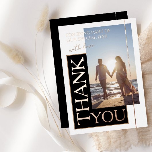 Zwart wit foto bruiloft dank u Roos Folie Uitnodiging