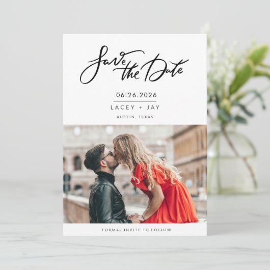 Zwart Wit Foto Bruiloft Save the Date (Staand voorkant)