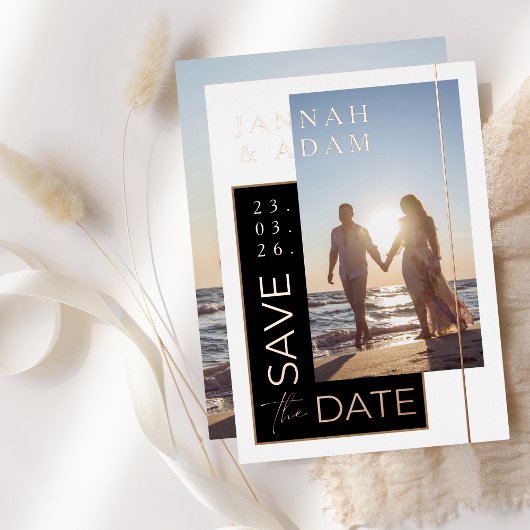 Zwart Wit Foto Bruiloft Save the Date Roos Folie Uitnodiging