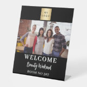 Zwart wit foto business logo seminar welkom reclamebord met voetstuk (Voorkant)