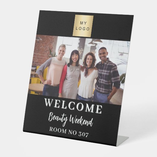 Zwart wit foto business logo seminar welkom reclamebord met voetstuk (Voorkant)