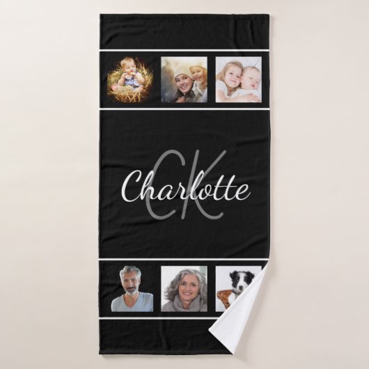 Zwart wit foto collage monogram script badhanddoek (Badhanddoek)