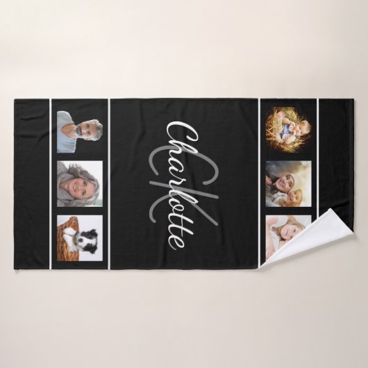 Zwart wit foto collage monogram script badhanddoek (Badhanddoek)