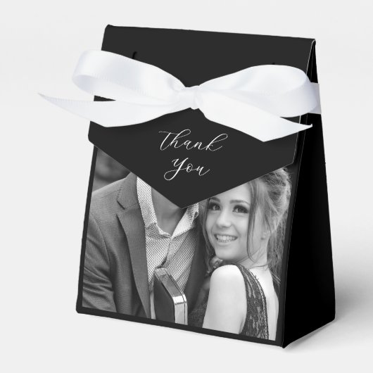 Zwart-wit foto dank u zwart bruiloft bedankdoosjes (Voorkant Zijde)