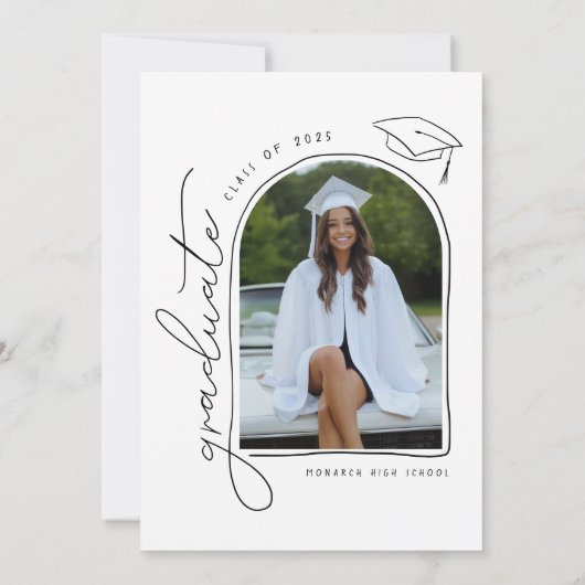 Zwart Wit Foto Hand Getrokken Afstudeerder Uitnodi Aankondiging (Achterkant)