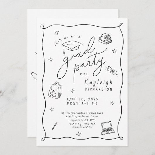 Zwart Wit Foto Hand Getrokken Afstudeerder Uitnodi Aankondiging (Voorkant / Achterkant)