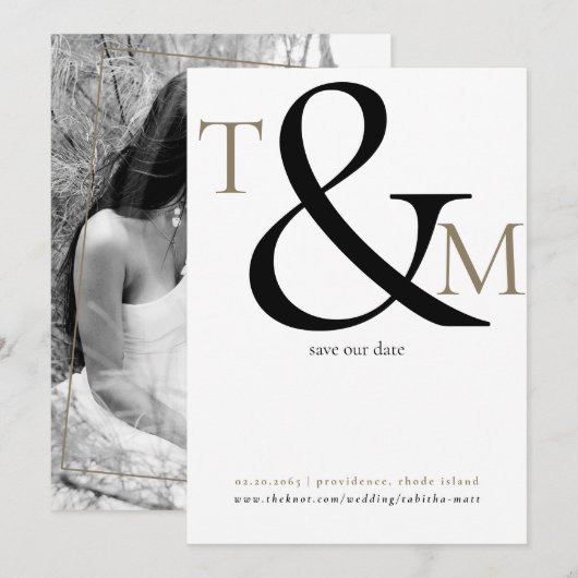 Zwart-wit foto initiële moderne bruiloft save the date (Voorkant / Achterkant)