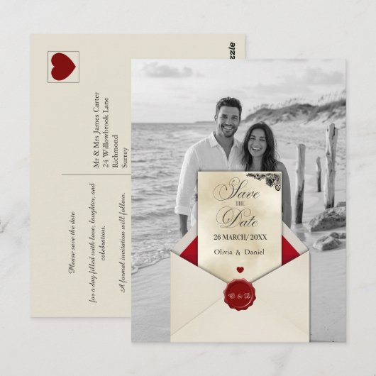Zwart & Wit Foto Ivoor Monogram Save the Date Briefkaart (Voorkant / Achterkant)