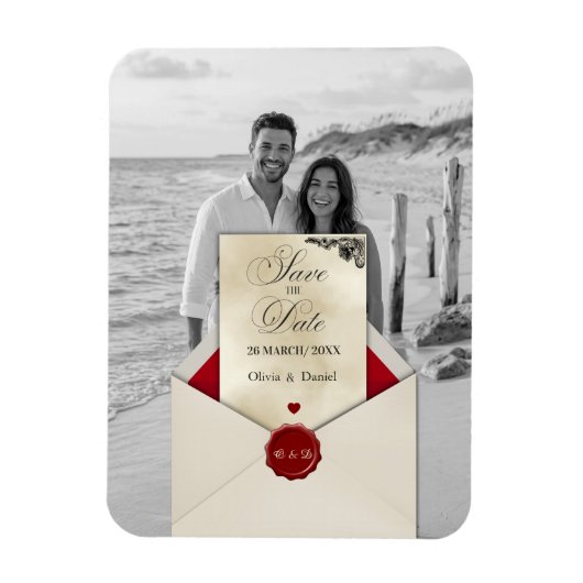 Zwart & Wit Foto Ivoor Monogram Save the Date Magneet (Verticaal)