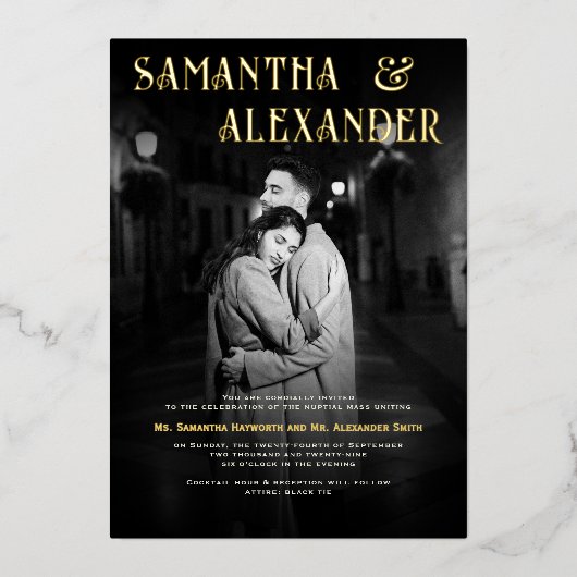 Zwart-wit foto Katholieke bruiloft Folie Uitnodiging (Voorkant)