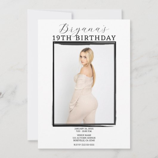 Zwart & Wit Foto Lijst Trendy Verjaardag Kaart (Voorkant)