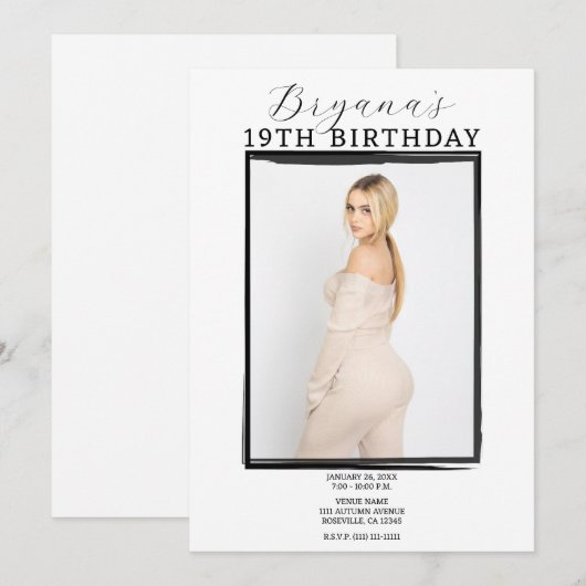 Zwart & Wit Foto Lijst Trendy Verjaardag Kaart (Voorkant / Achterkant)
