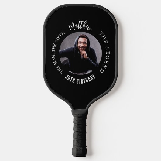 Zwart wit foto man myth legende pickleball paddle (Achterkant)