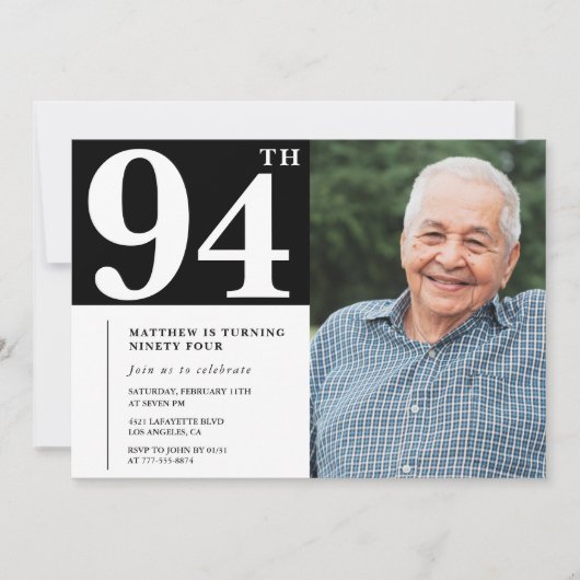 Zwart-wit foto Mannen 94ste verjaardag Uitnodiging (Voorkant)