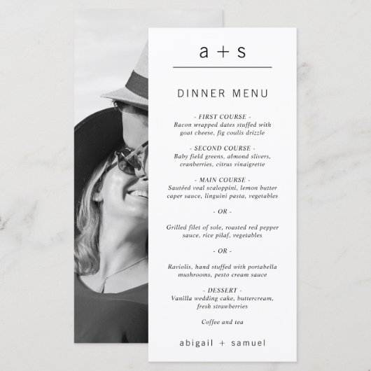 Zwart-wit foto minimalistische monogram bruiloft menu (Voorkant / Achterkant)