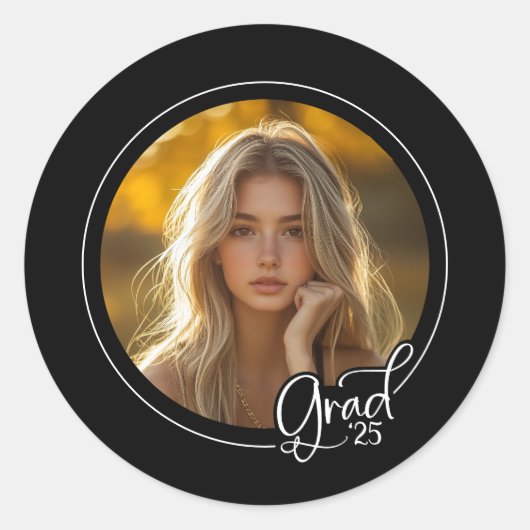 Zwart Wit Foto Modern Script Afstudeerder Afstuder Ronde Sticker (Voorkant)