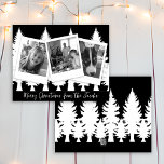 Zwart-wit Foto Moderne Kerstmis Feestdagenkaart<br><div class="desc">Gepersonaliseerde kerstkaarten. Zwart-wit familiefoto's met een boomgrens van hoge dennenbomen moderne simplistische kaarten.</div>