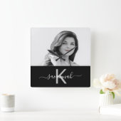 Zwart wit foto monogram naamscript vierkante klok (Huis)