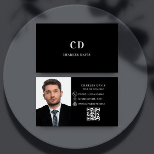 Zwart wit foto monogram QR code Visitekaartje