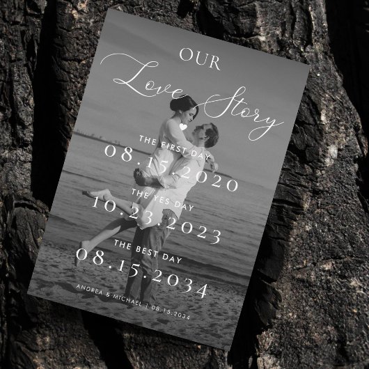 Zwart-wit foto Our Love Story Tijdlijn Trouwen Save The Date