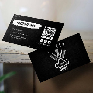 Zwart-wit foto roestige kapper QR-code Visitekaartje