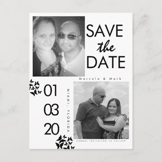 Zwart-wit foto save the dates vlinder briefkaart (Voorkant)