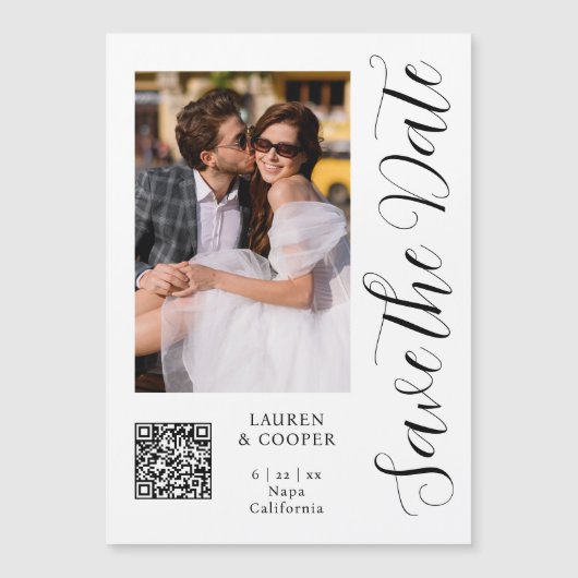 Zwart-wit foto-script 'Save The Date' QR-code (Voorkant)