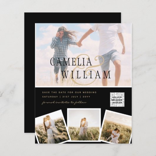 Zwart-wit FOTO Trouw Uitnodiging QR CODE Bewaar Da (Voorkant / Achterkant)