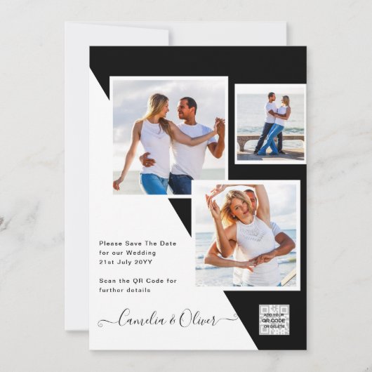 Zwart-wit foto trouwkaart QR-code save the date Kaart (Voorkant)