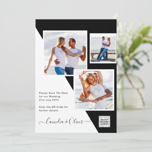 Zwart-wit foto trouwkaart QR-code save the date Kaart (Staand voorkant)