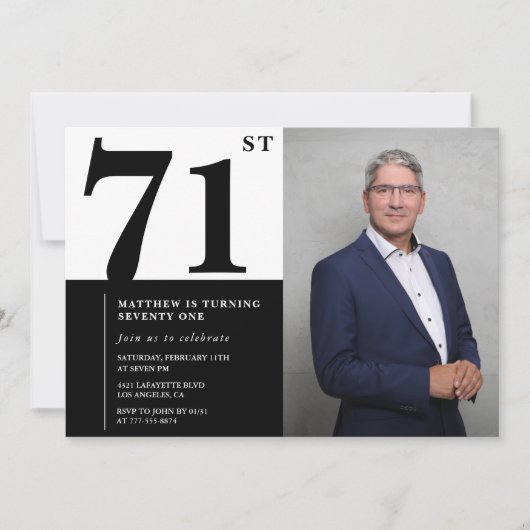 Zwart-wit foto uitnodiging 71ste verjaardag (Voorkant)