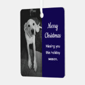 Zwart-wit foto van droevige hond die jou mist Blau Metalen Ornament (Voorkant links)