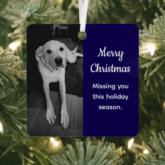 Zwart-wit foto van droevige hond die jou mist Blau Metalen Ornament (Insitu)