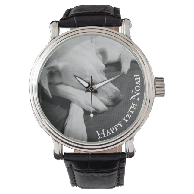 Zwart-wit foto van een mooie hond slapen horloge (Voorkant)