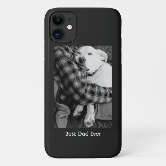Zwart-wit foto van hond knuffelen met papa Case-Mate iPhone case (Achterkant)
