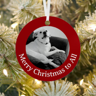 Zwart-wit foto van pratende hond Kerstmis Rood Metalen Ornament