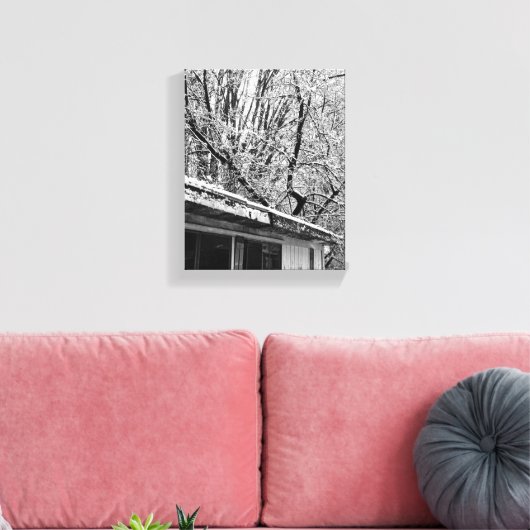 Zwart-wit foto van rustieke sneeuwwinter scène canvas afdruk (Insitu (Woonkamer))