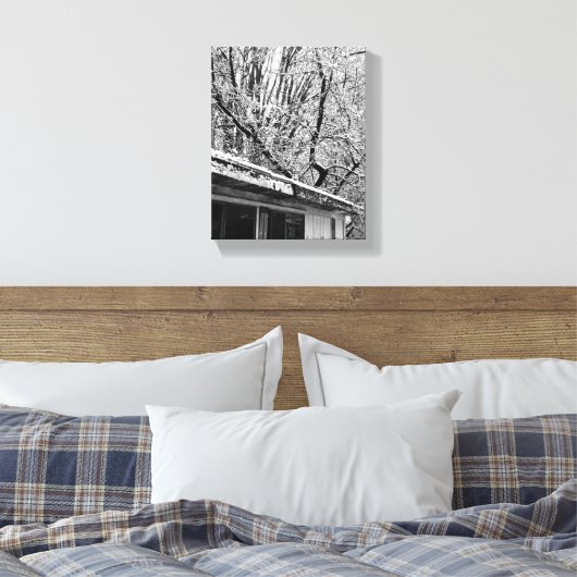 Zwart-wit foto van rustieke sneeuwwinter scène canvas afdruk (Insitu (Slaapkamer))