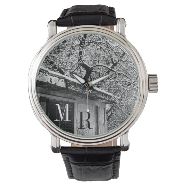 Zwart-wit foto van rustieke sneeuwwinter scène horloge (Voorkant)