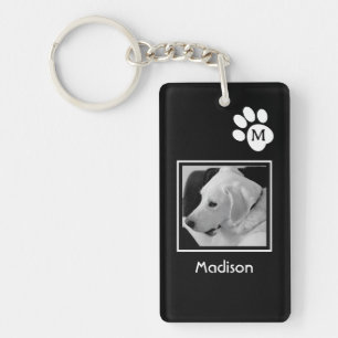 Zwart-wit foto van Schattige Hond en Paw Initiaal Sleutelhanger