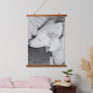 Zwart-wit foto van slapende hond hangend wandkleed