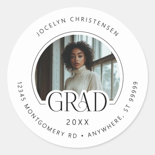 Zwart Wit Fotoadres Afstuderen Envelope Seal Ronde Sticker (Voorkant)
