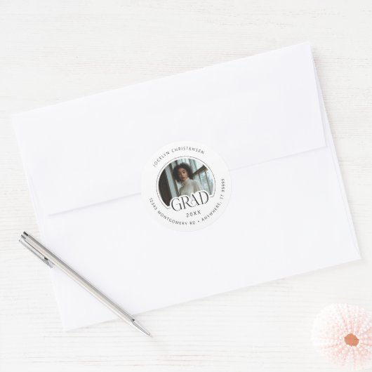 Zwart Wit Fotoadres Afstuderen Envelope Seal Ronde Sticker (Envelop)