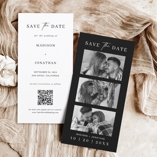 Zwart-wit Fotocabine Strip Bladwijzer bruiloft Save The Date
