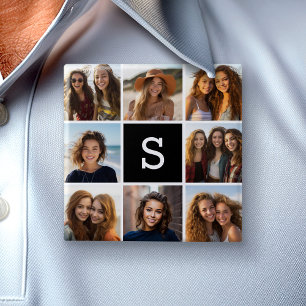 Zwart-Wit Fotocollage Aangepast Monogram Vierkante Button 5,1 Cm