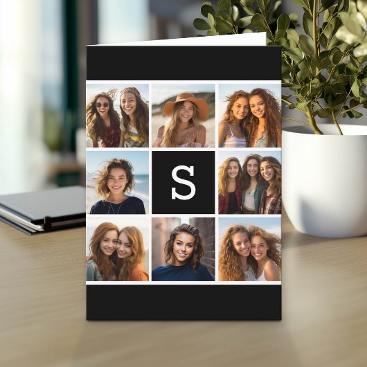 Zwart-wit Fotocollage Aangepaste Monogram Notitiekaartje