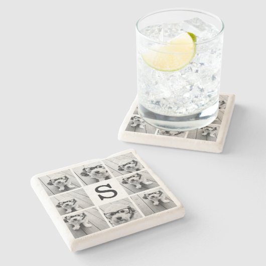 Zwart-wit Fotocollage Aangepaste Monogram Stenen Onderzetter (Zijkant)