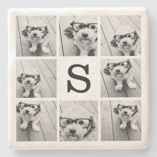 Zwart-wit Fotocollage Aangepaste Monogram Stenen Onderzetter (Voorkant)