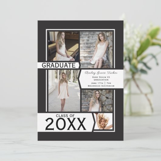 Zwart-wit Fotocollage Afstuderen Aankondiging (Staand voorkant)